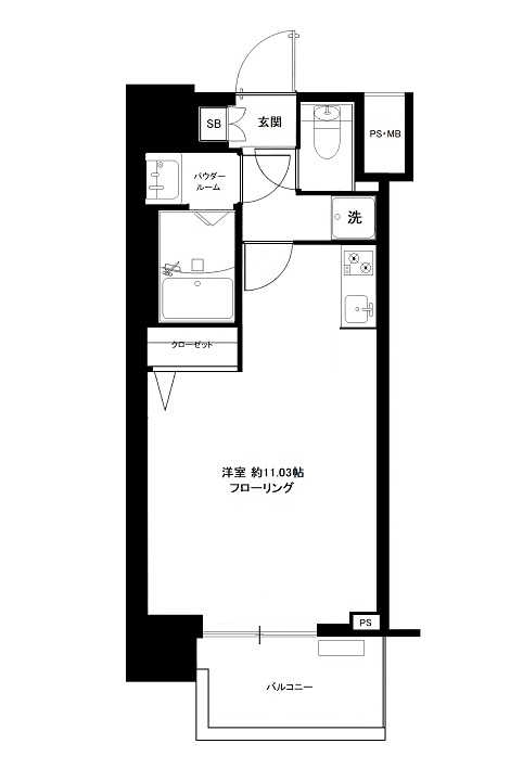 シティタワー武蔵小山レジデンス棟のワンルーム間取図